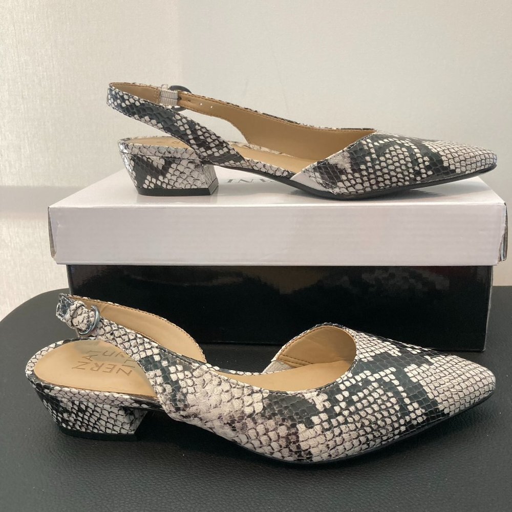 Naturalizer Sling Back Pointy Toe Flats 6M Snakeskin Design Black/Grey